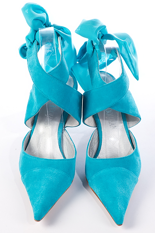 Turquoise blue women's open back shoes, with crossed straps. Pointed toe. High spool heels. Top view - Florence KOOIJMAN